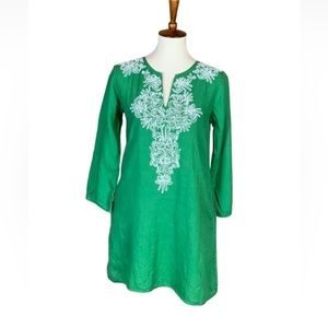 Sabby Anand green linen dress with white embroidery Size Small